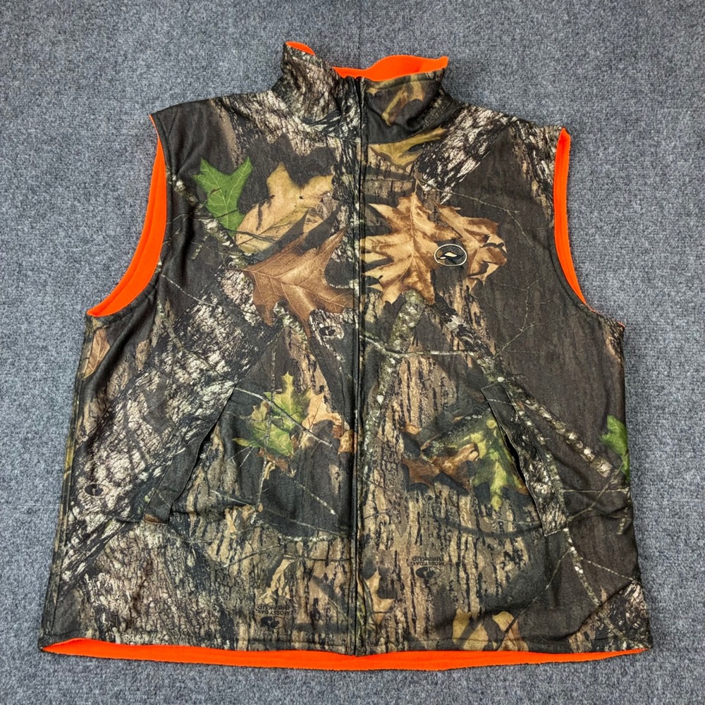 Mossy Oak Break-Up Camo Hunting Vest Mens XL Orange Fleece Lined Full Zip Forest